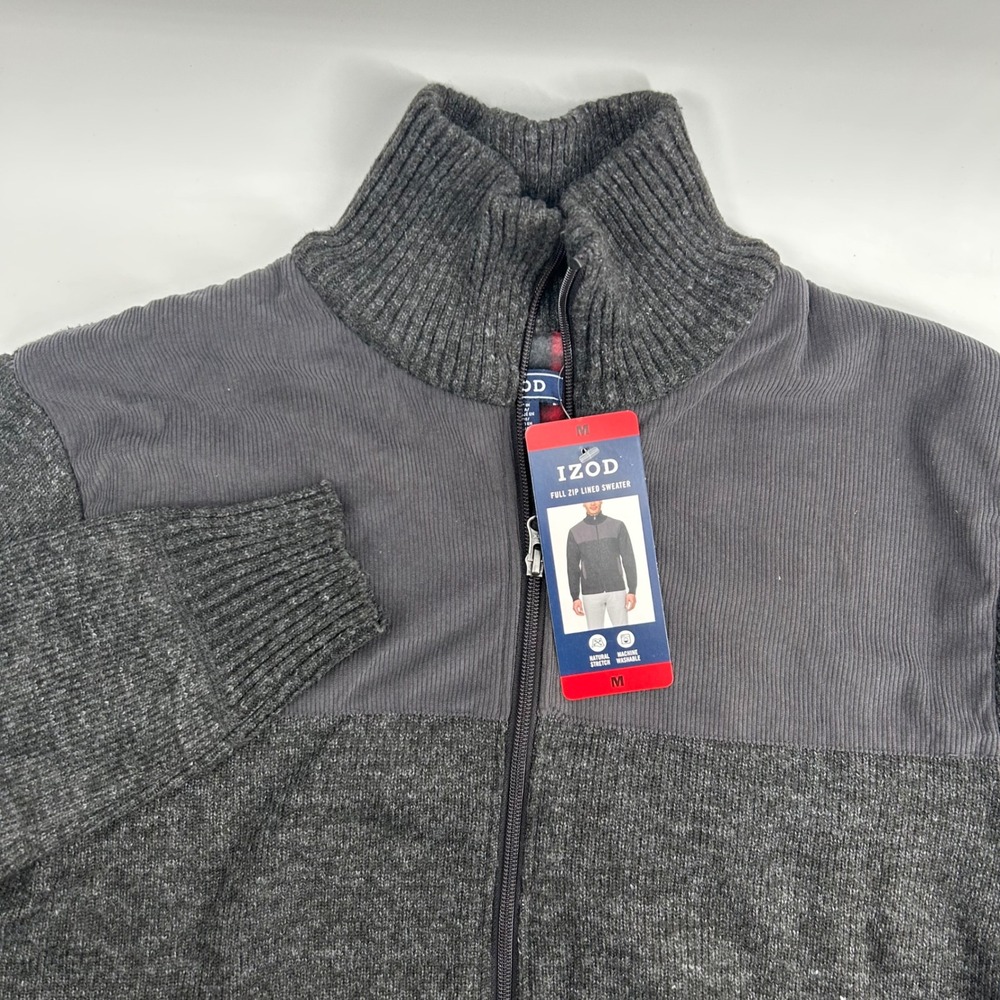 IZOD Full Zip Lined Sweater Mens Medium Gray Plaid Lined Corduroy NWT New